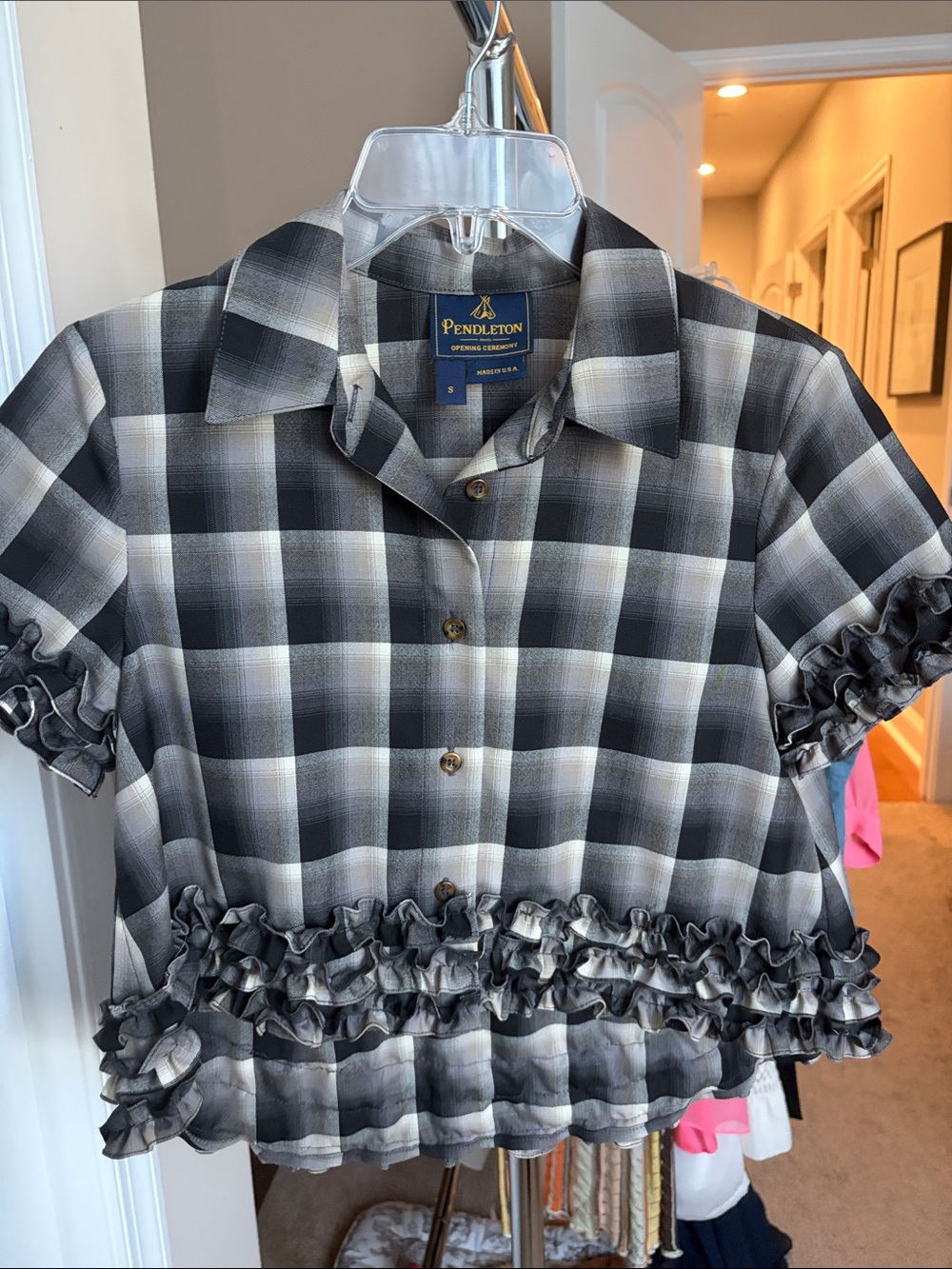Pendleton for Opening Ceremony cropped Black & White Plaid Ruffle Button-Up Top